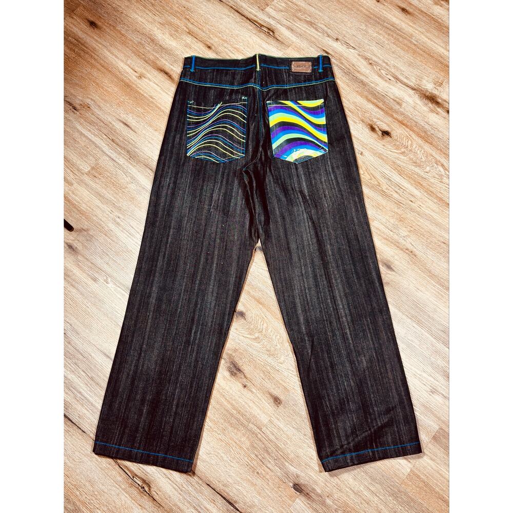 Dodeca Jeans Y2K Dark Wash Wide Leg Graphic Denim 38x34 Rare Streetwear